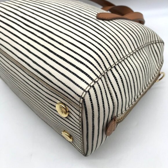 Fossil Black And White Coated Canvas Striped Convertible Sydney Satchel - Picture 7 of 11